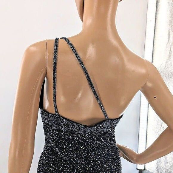 Vintage 90s Scala Silk Gown Black Beaded Sequins Off Shoulder Siren Size M - Picture 10 of 13